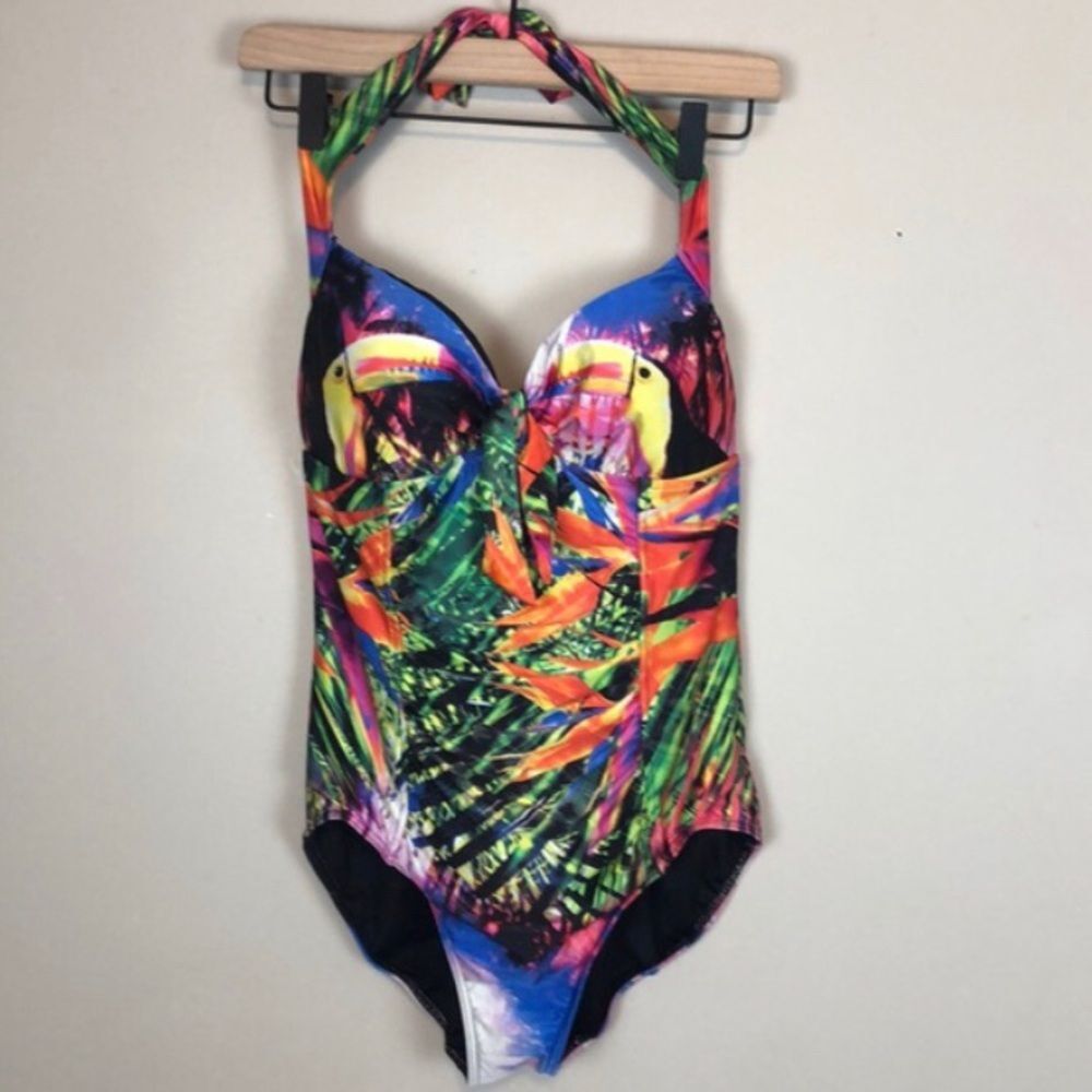 Seafolly Tropical Print One Piece Halter Swimsuit Toucans palm beachy US 10